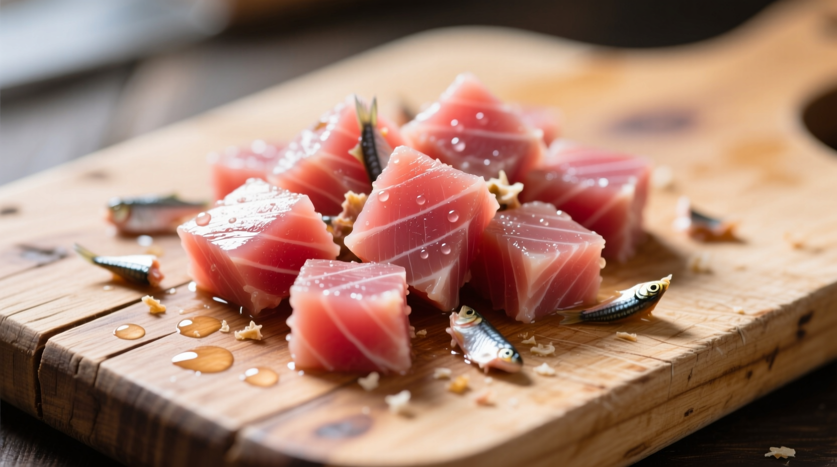 Fresh tuna cat treats on wooden cutting board