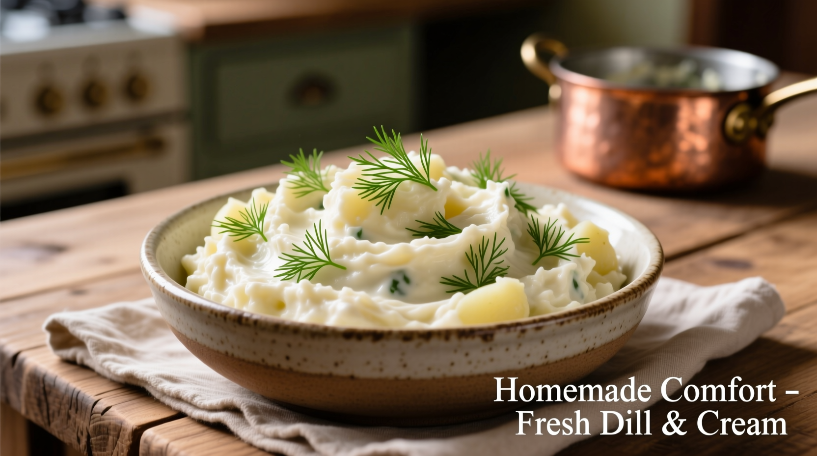Creamy mashed potato salad in serving bowl with fresh dill garnish