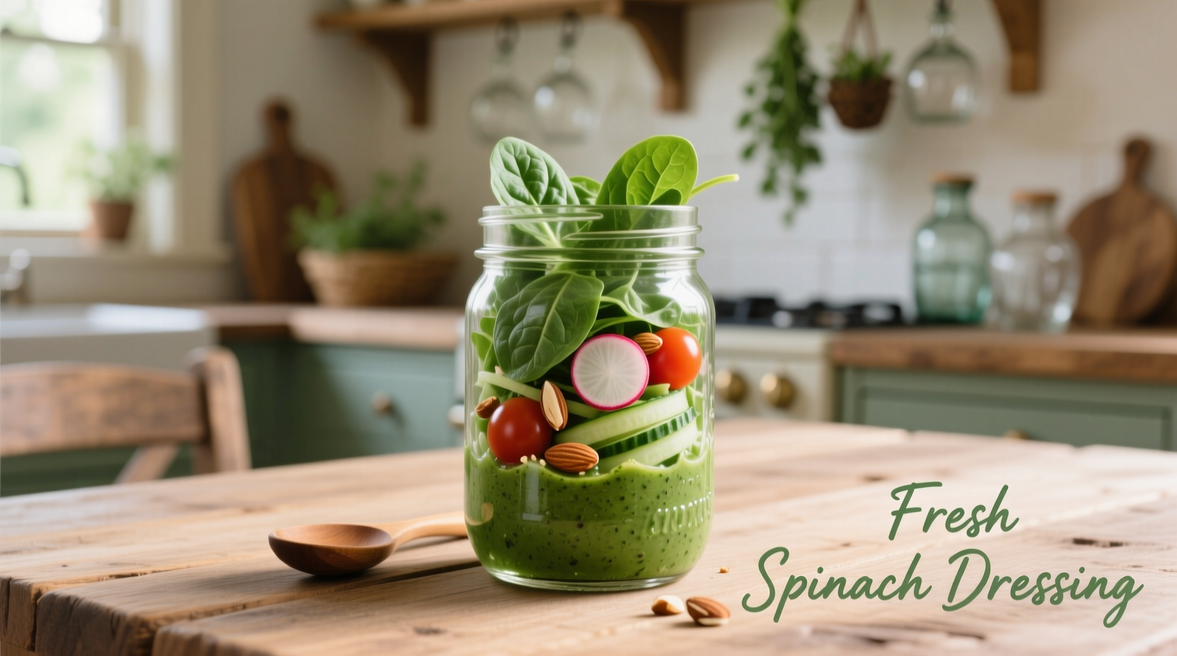 Fresh spinach dressing in mason jar with ingredients