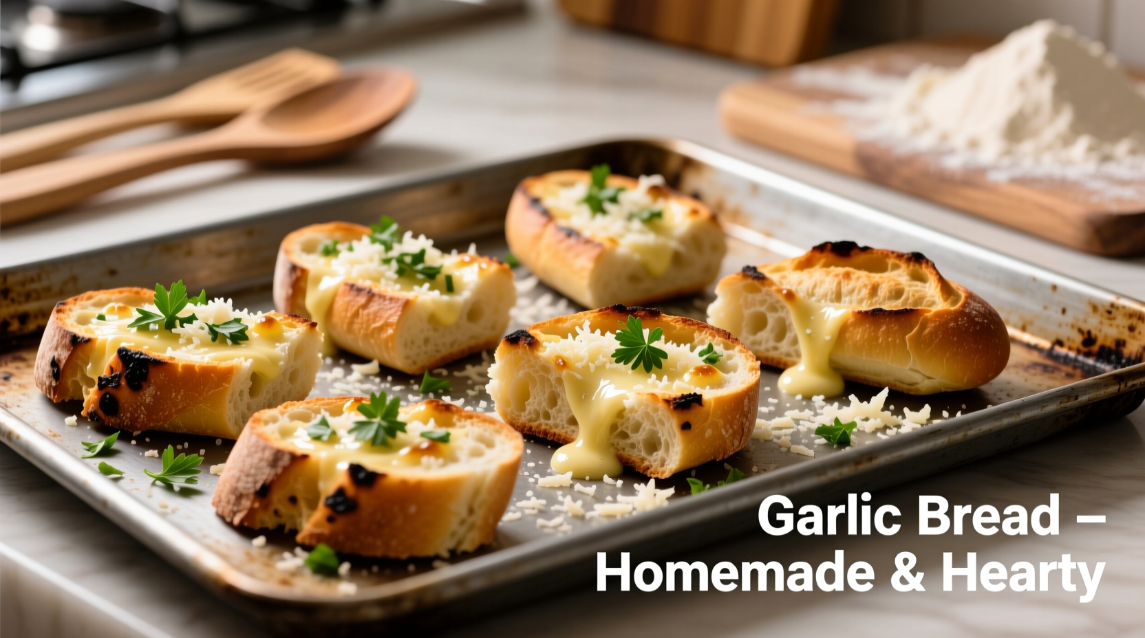 Homemade subway garlic bread on baking sheet