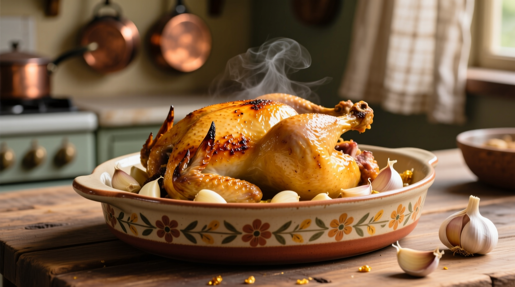 Golden roasted chicken with soft garlic cloves in ceramic dish