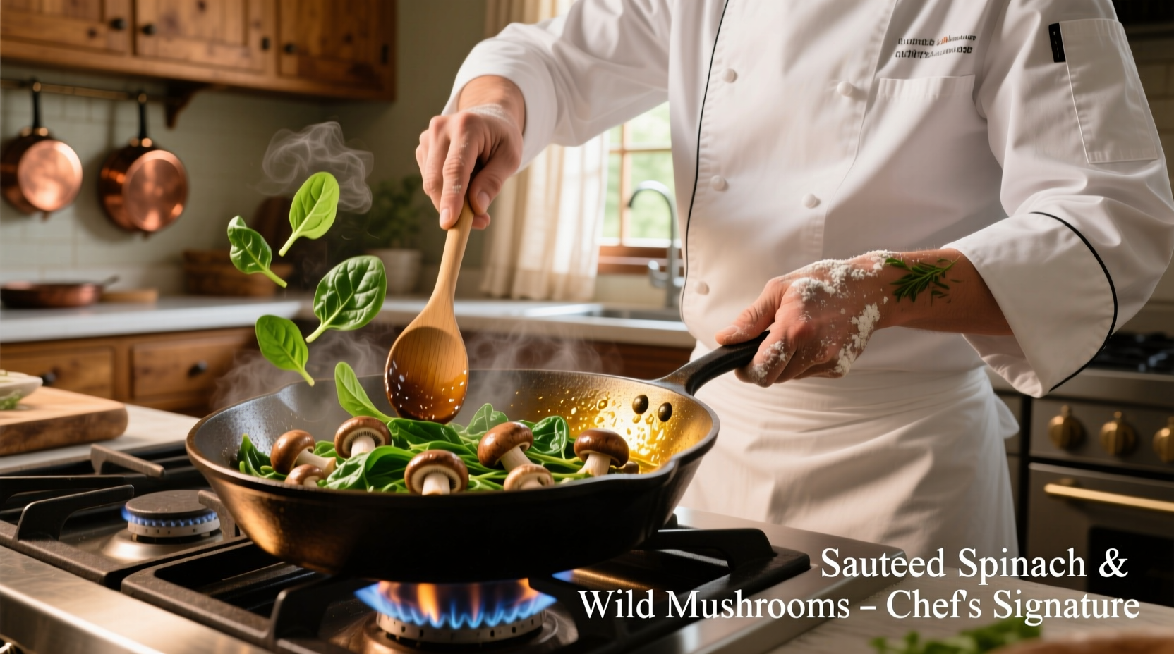 Professional chef preparing spinach mushroom sauté in cast iron skillet