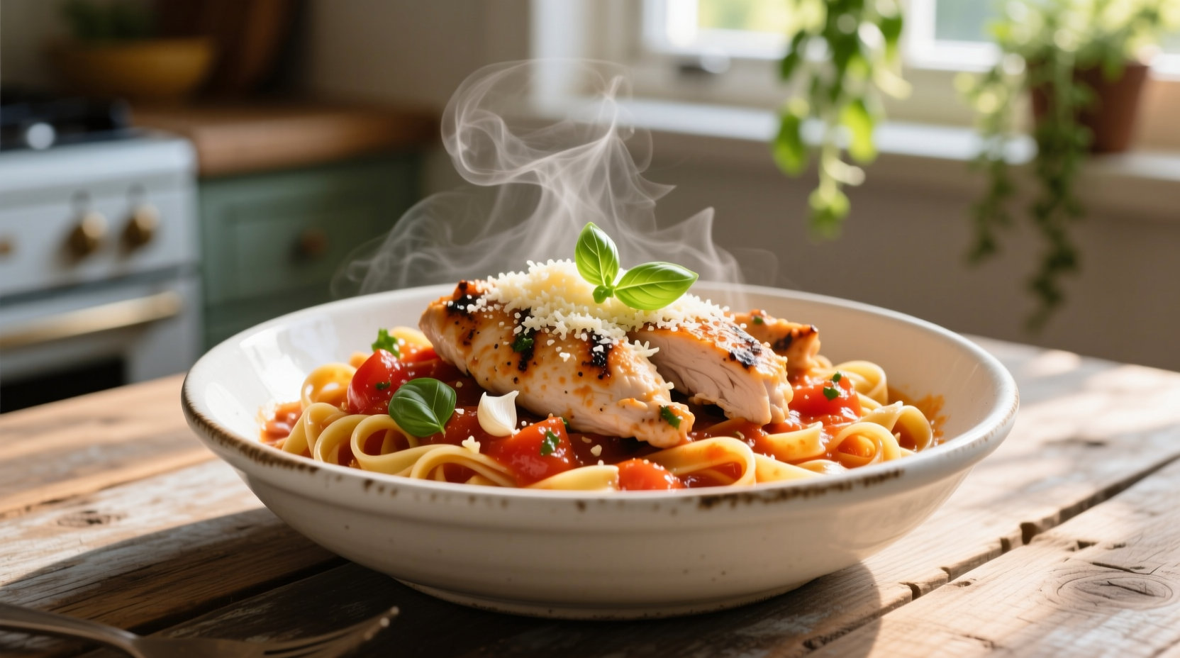Chicken and tomato pasta in white bowl