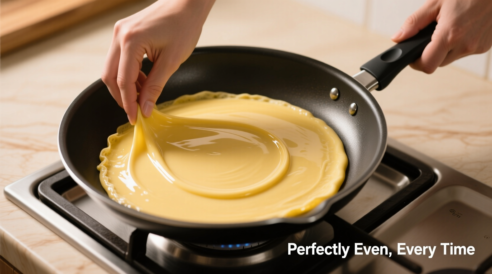 Overhead photo of hands rotating a nonstick skillet to evenly distribute thin yellow crepe batter across its entire base, with visible smooth, unbroken film formation