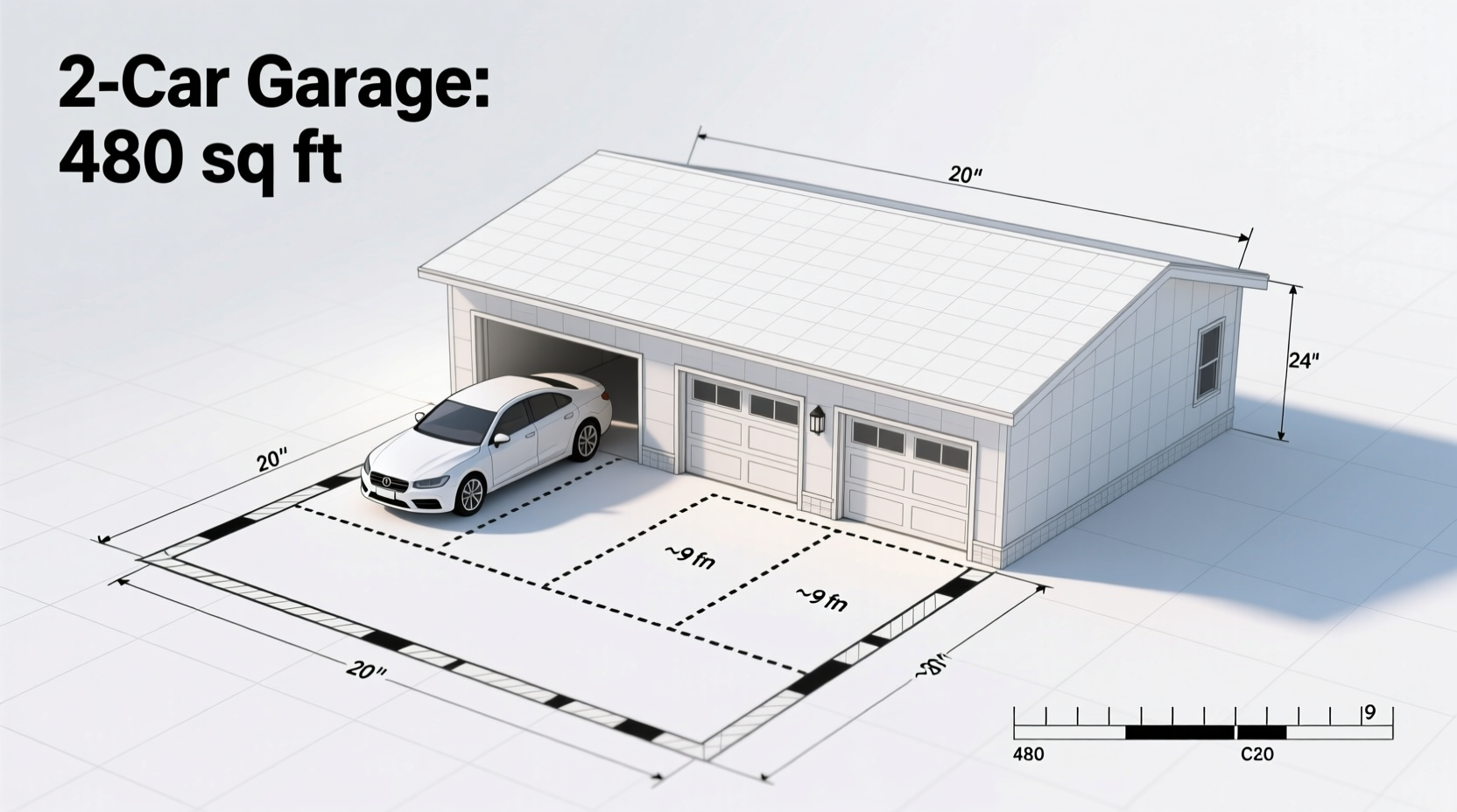 how many square feet 2 car garage
