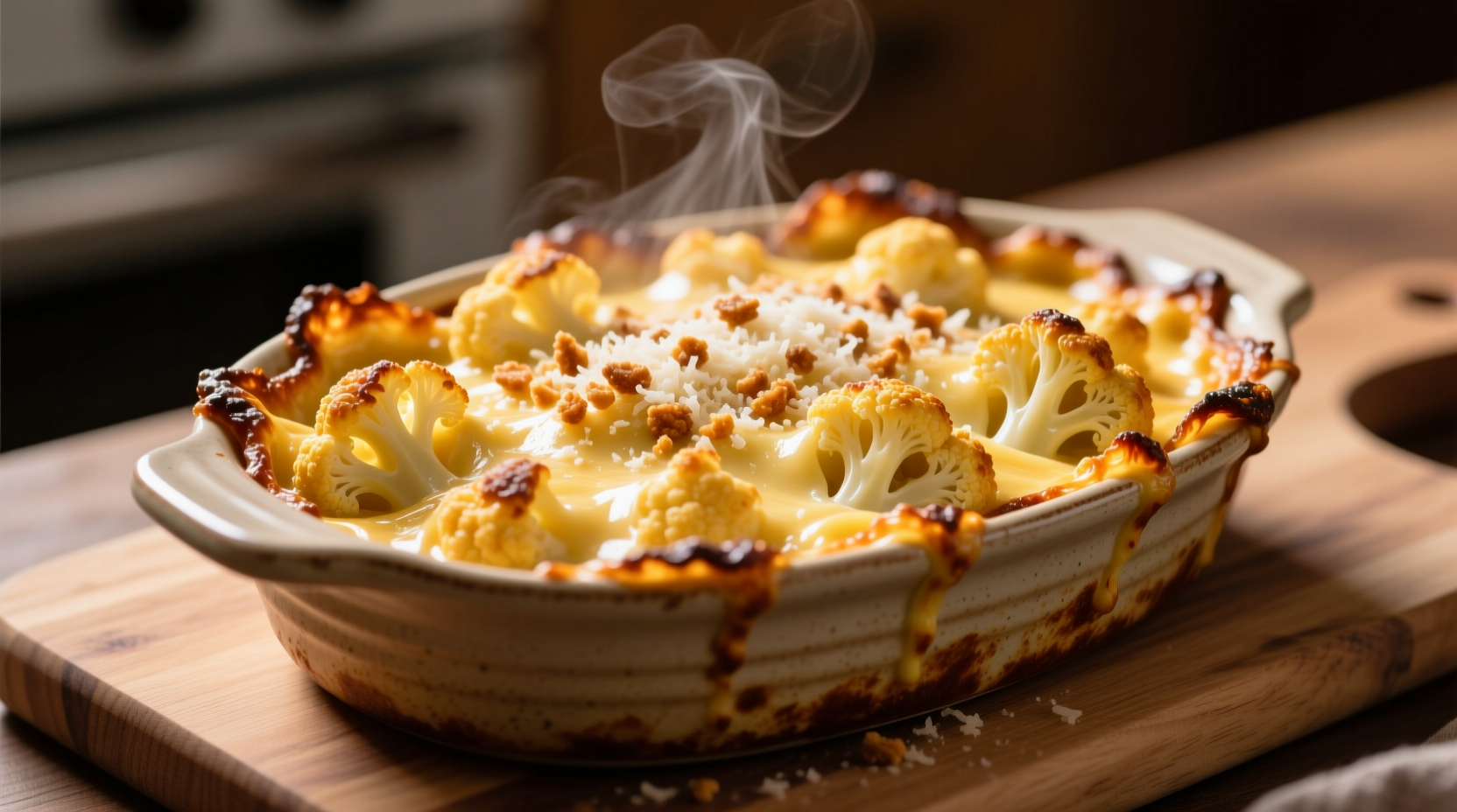 Golden baked cauliflower cheese casserole with bubbling edges