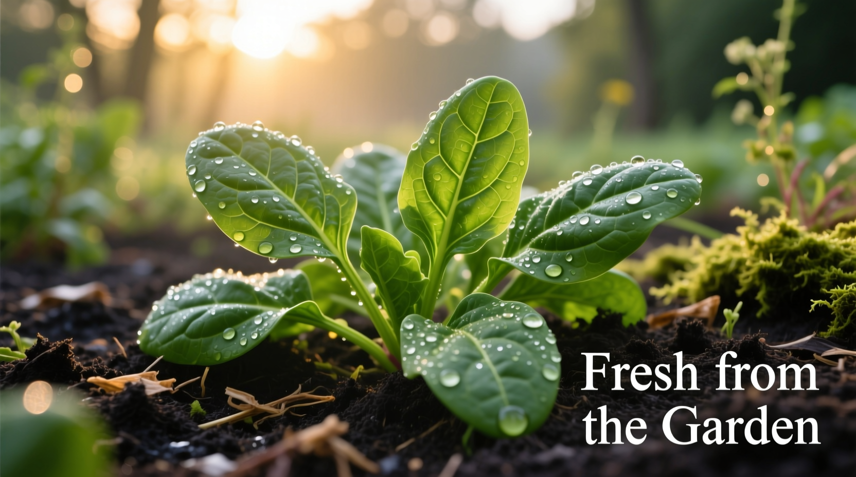 Fresh spinach leaves with dew drops on garden soil