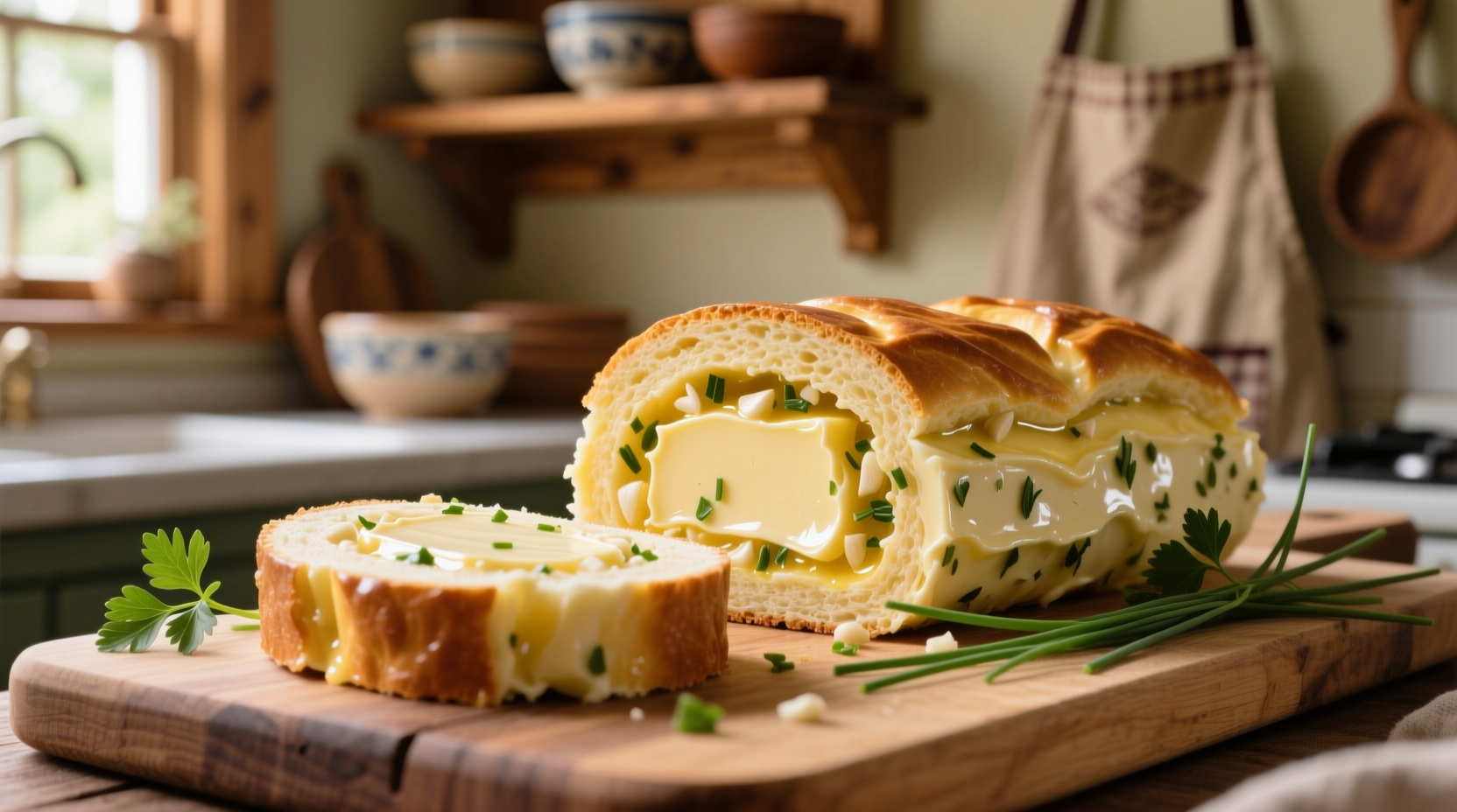 Homemade garlic compound butter roll sliced