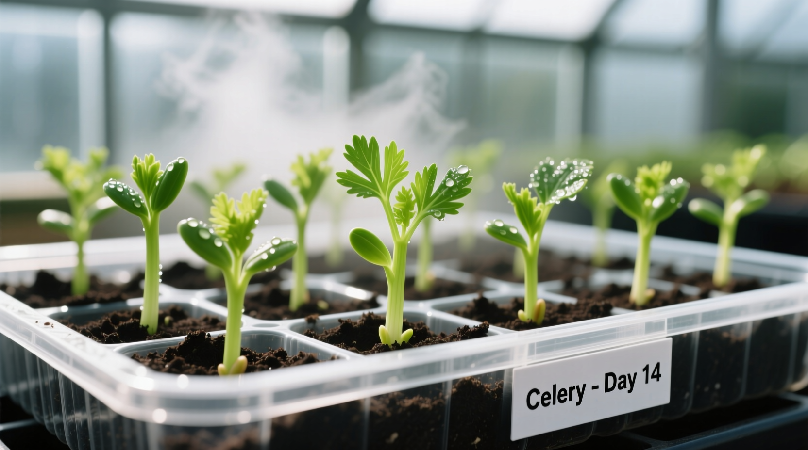 Celery seedlings in propagation tray with proper spacing