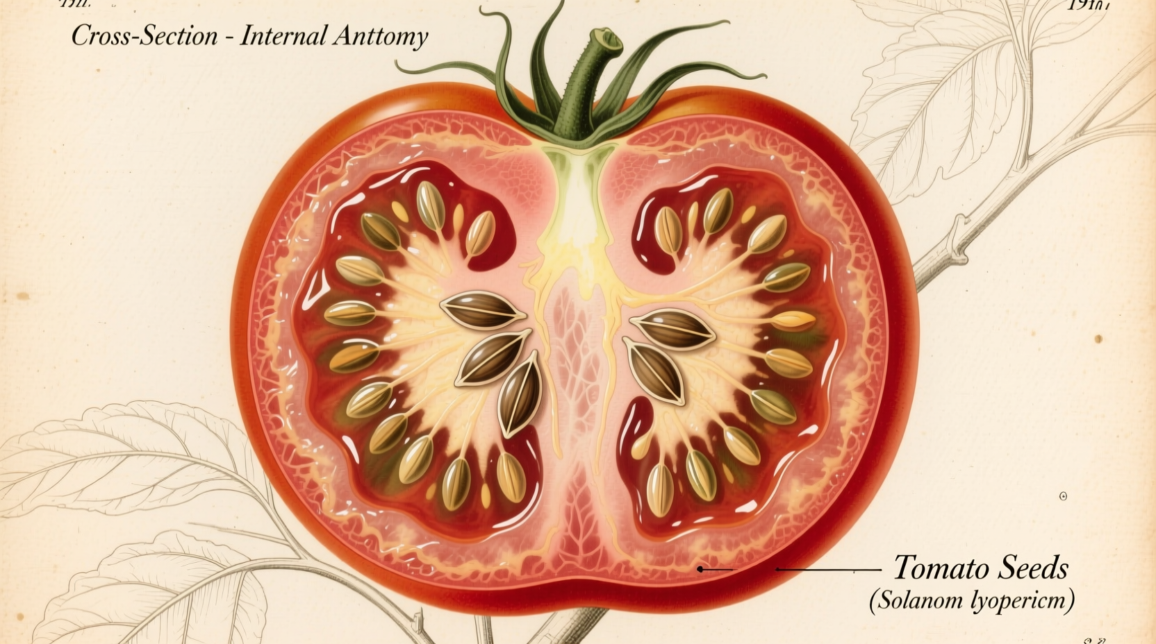 Botanical cross-section showing tomato seeds