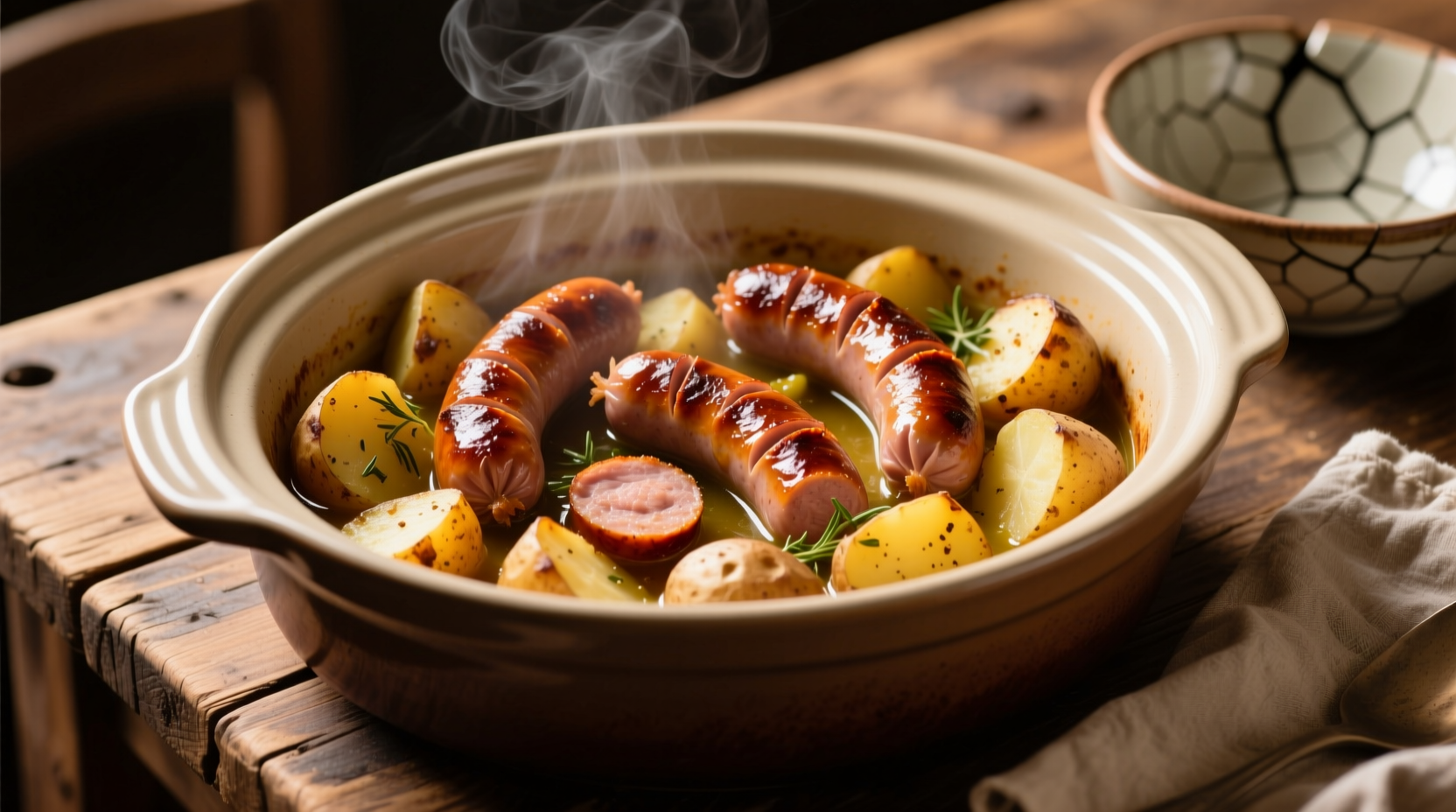 Sausage and potato slow cooker meal in ceramic dish
