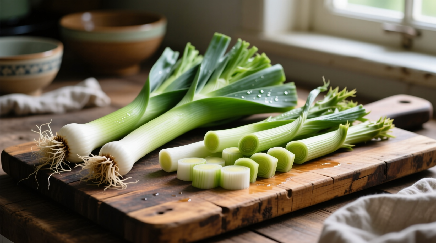 Fresh leeks and prepared thistle stems on wooden cutting board