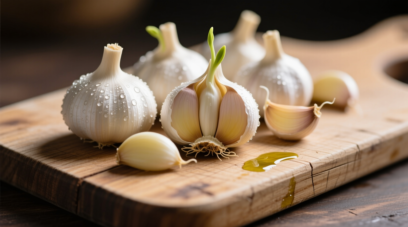 Fresh garlic cloves with chopping board