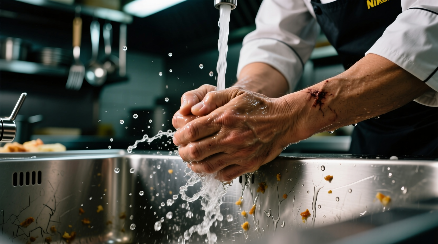 Chef's hands rubbing stainless steel under running water