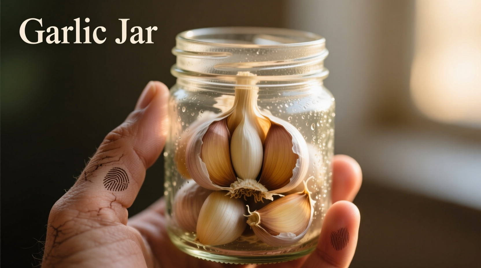 Hand shaking mason jar with garlic cloves inside
