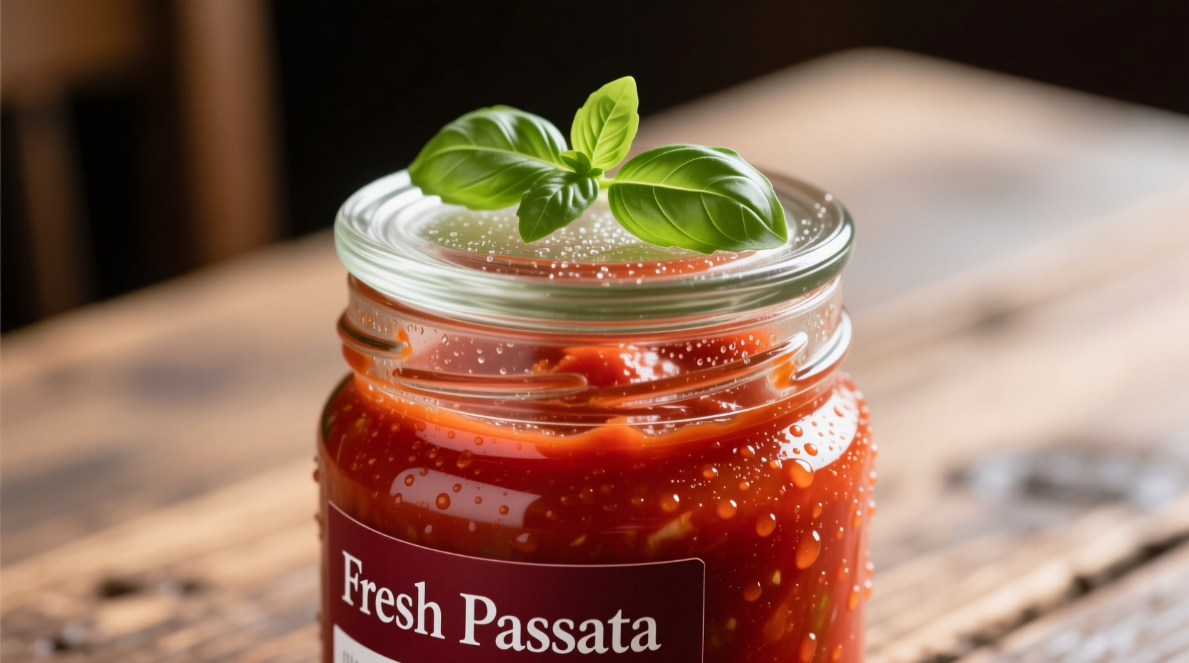 Fresh passata tomato sauce in glass jar with basil garnish