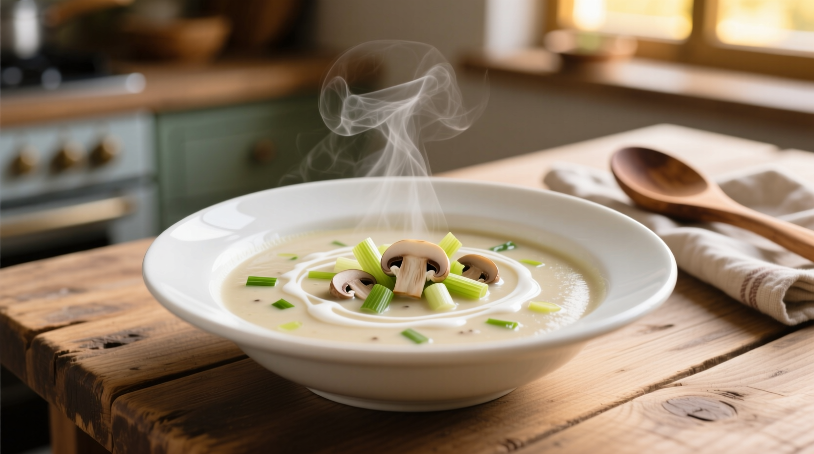 Creamy mushroom and leek soup in white bowl