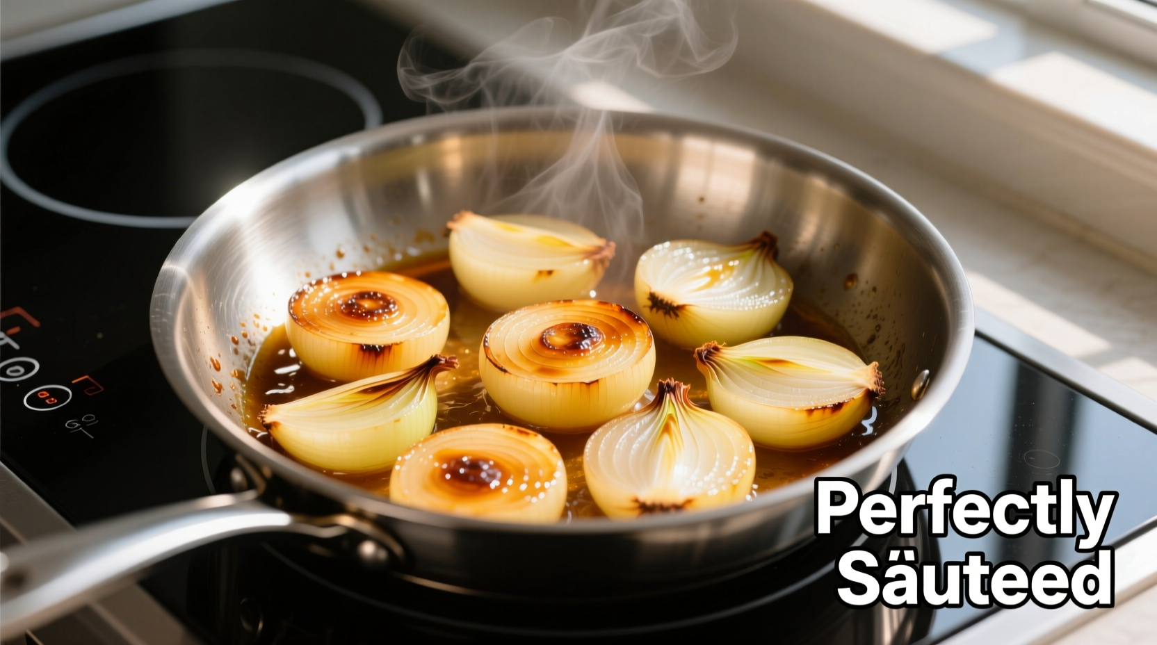 Perfectly sautéed yellow onions in stainless steel pan