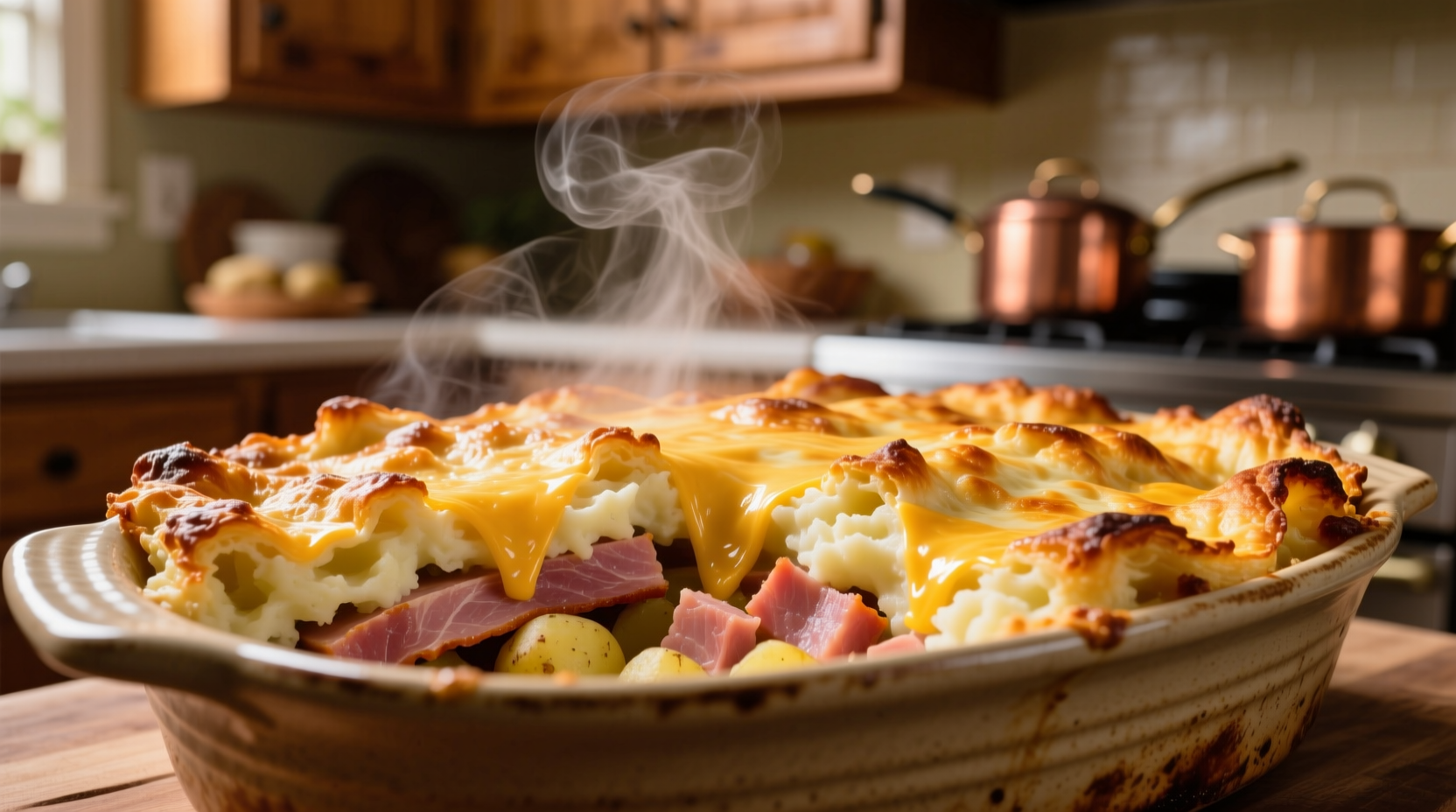 Golden baked ham potato cheese casserole