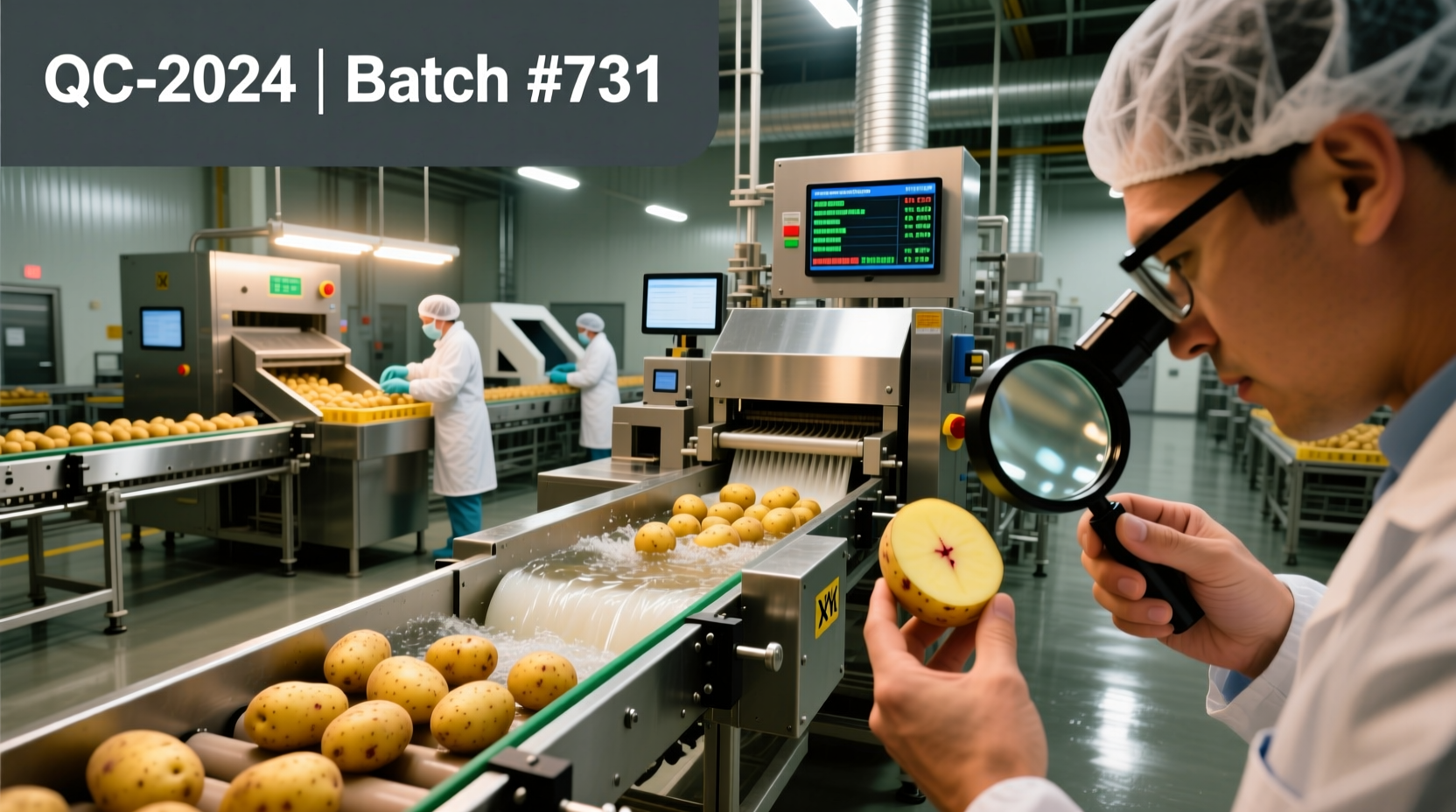 Industrial potato processing facility with quality control stations