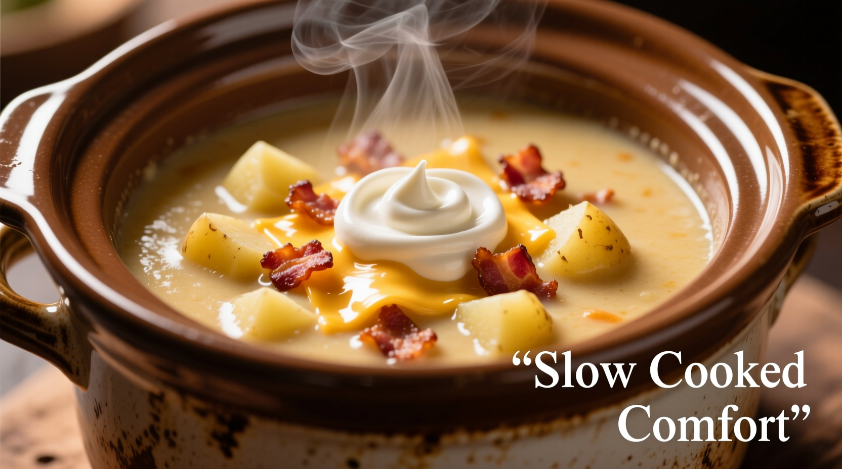 Slow cooker filled with creamy loaded potato soup