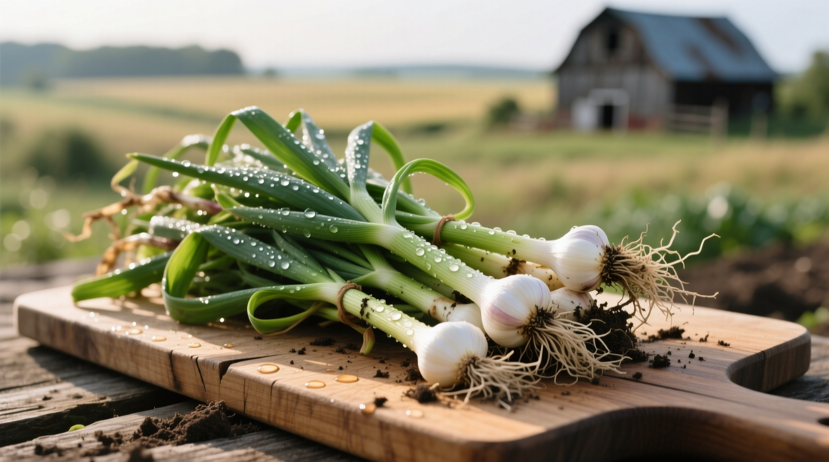 Freshly harvested garlic stalks on wooden cutting board