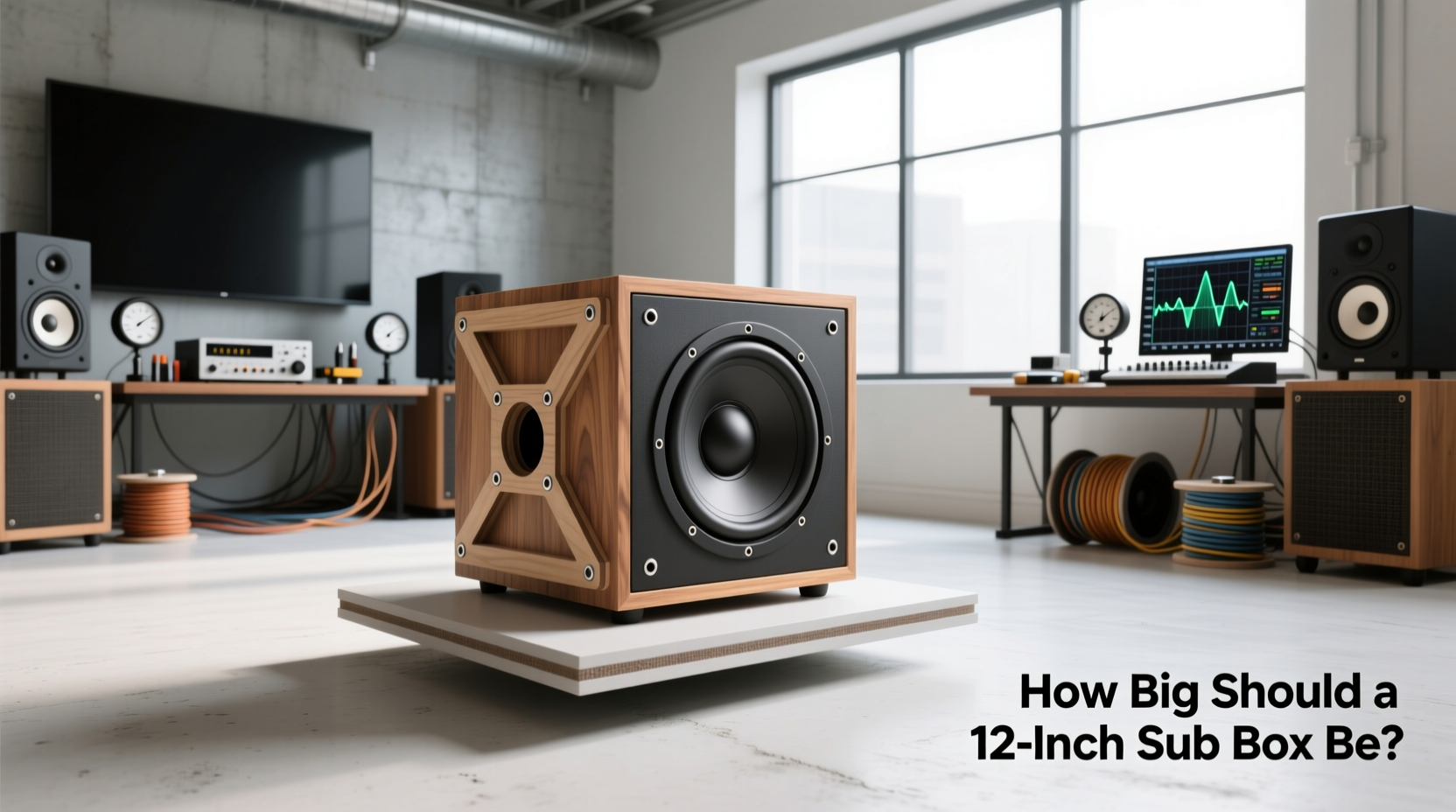 Custom-built 12-inch subwoofer box with clean edges and port tube visible