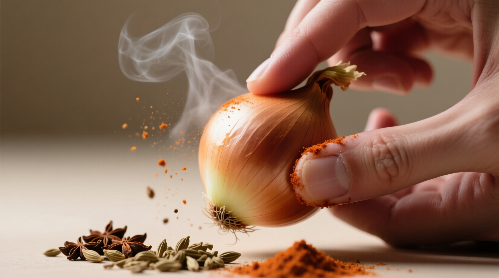 Hand testing onion firmness and rubbing dried spices to check aroma