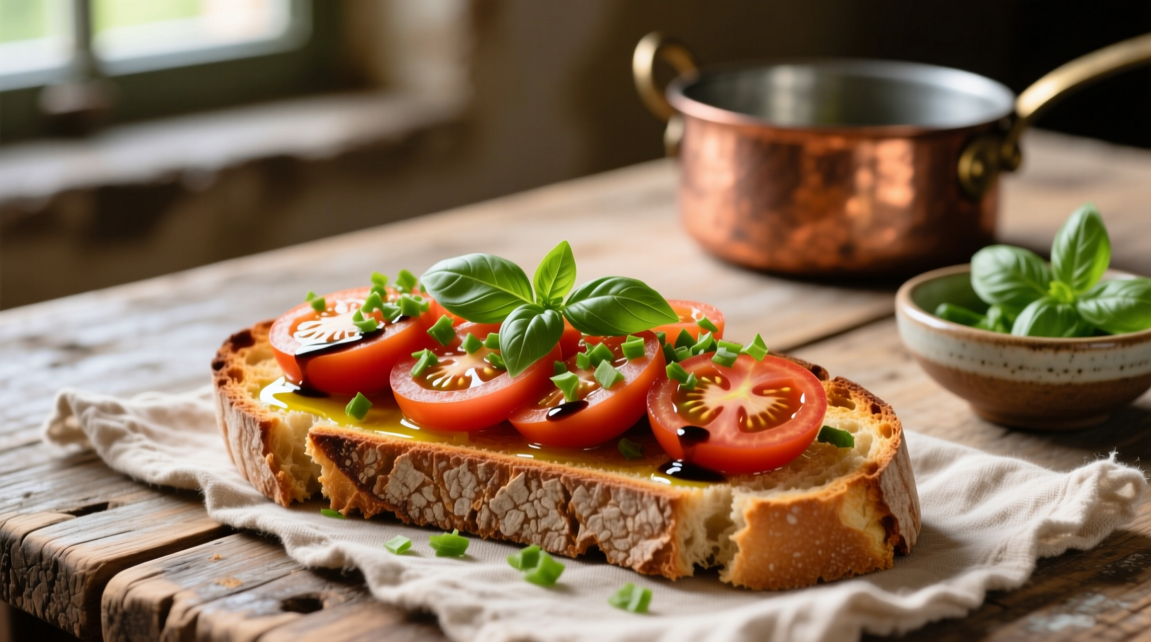 Fresh tomato bruschetta on rustic bread with basil