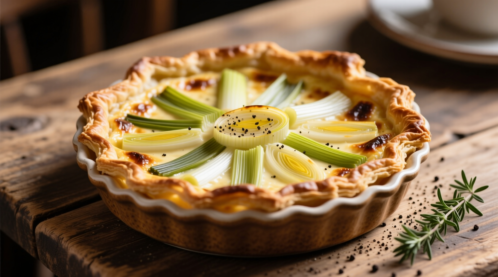 Golden brown leek quiche with flaky crust