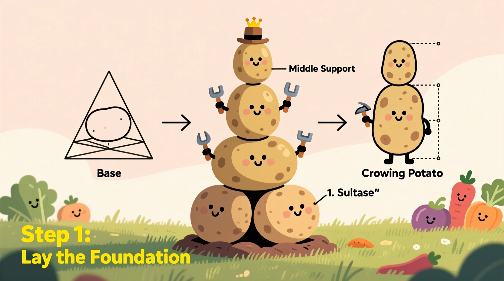Step-by-step potato tower construction diagram