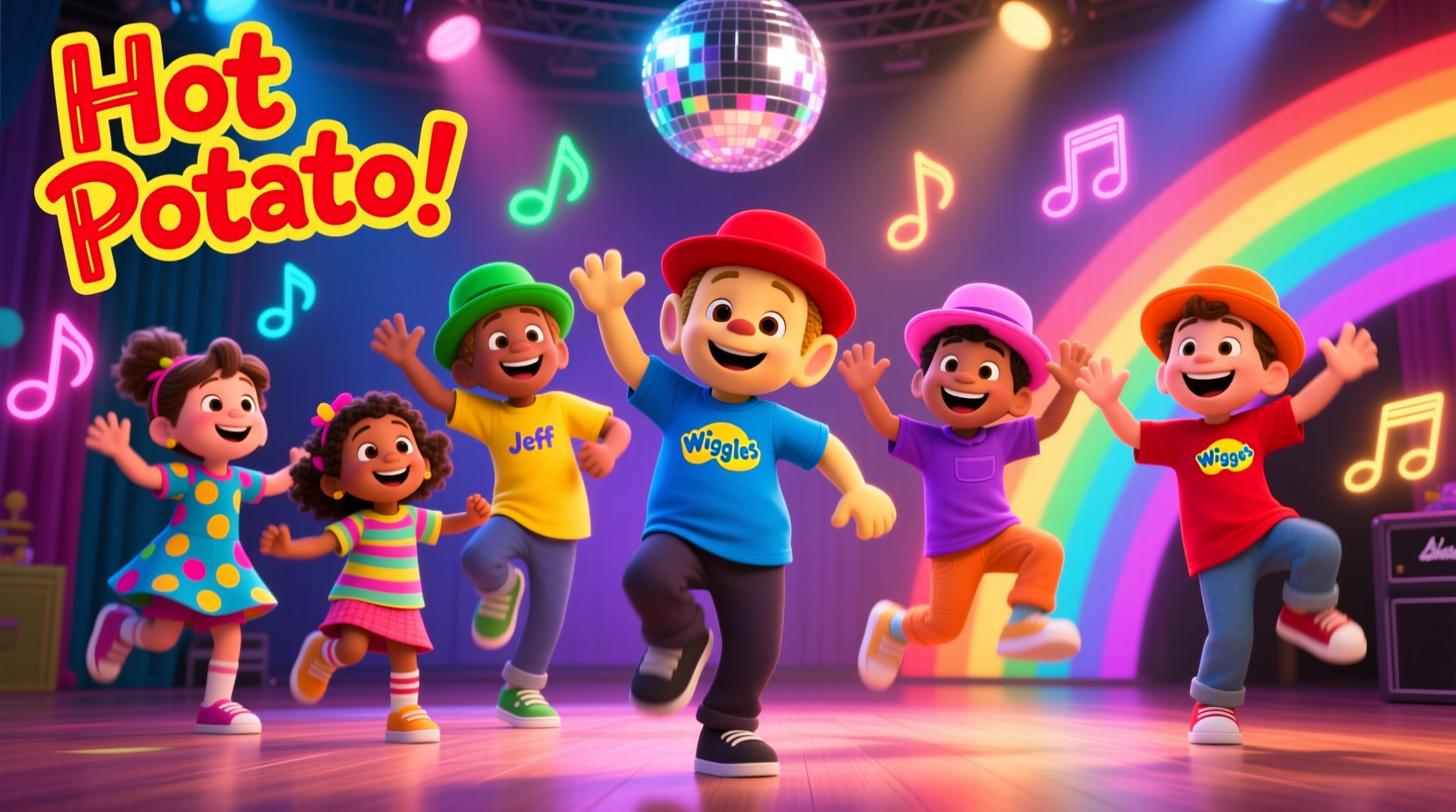 Children dancing to Hot Potato song with smiling Wiggles