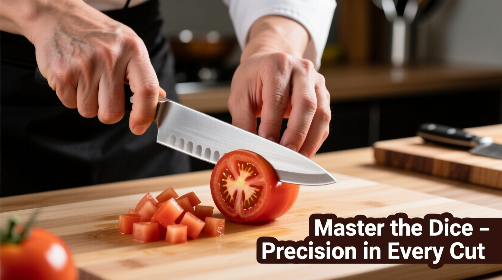 Chef's hands demonstrating proper tomato dicing technique with sharp knife
