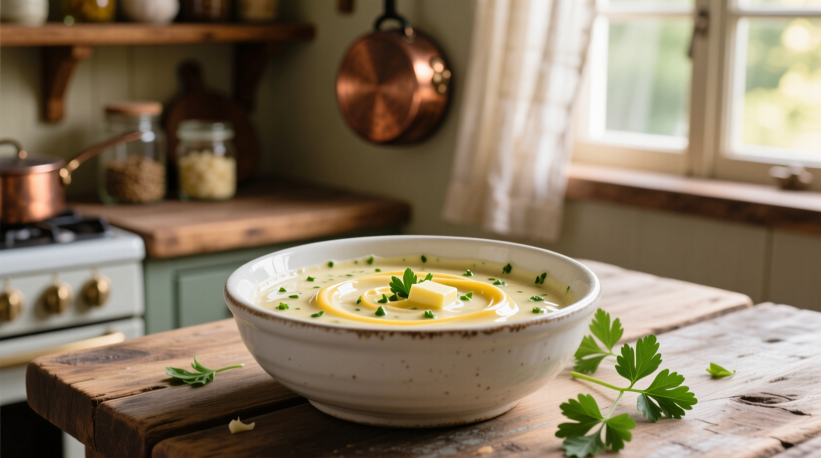Homemade garlic butter sauce in white bowl