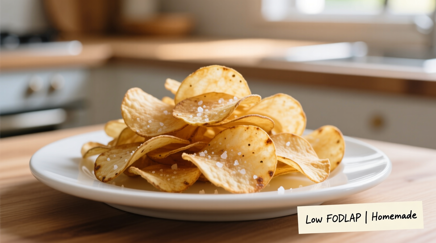 Homemade low FODMAP potato chips on a white plate