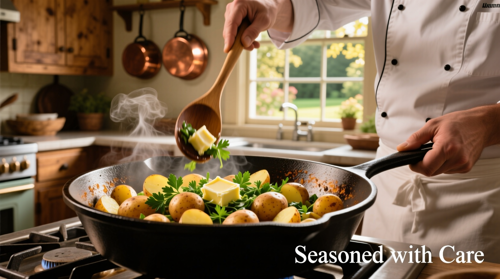 Chef preparing warm potato salad in cast iron skillet
