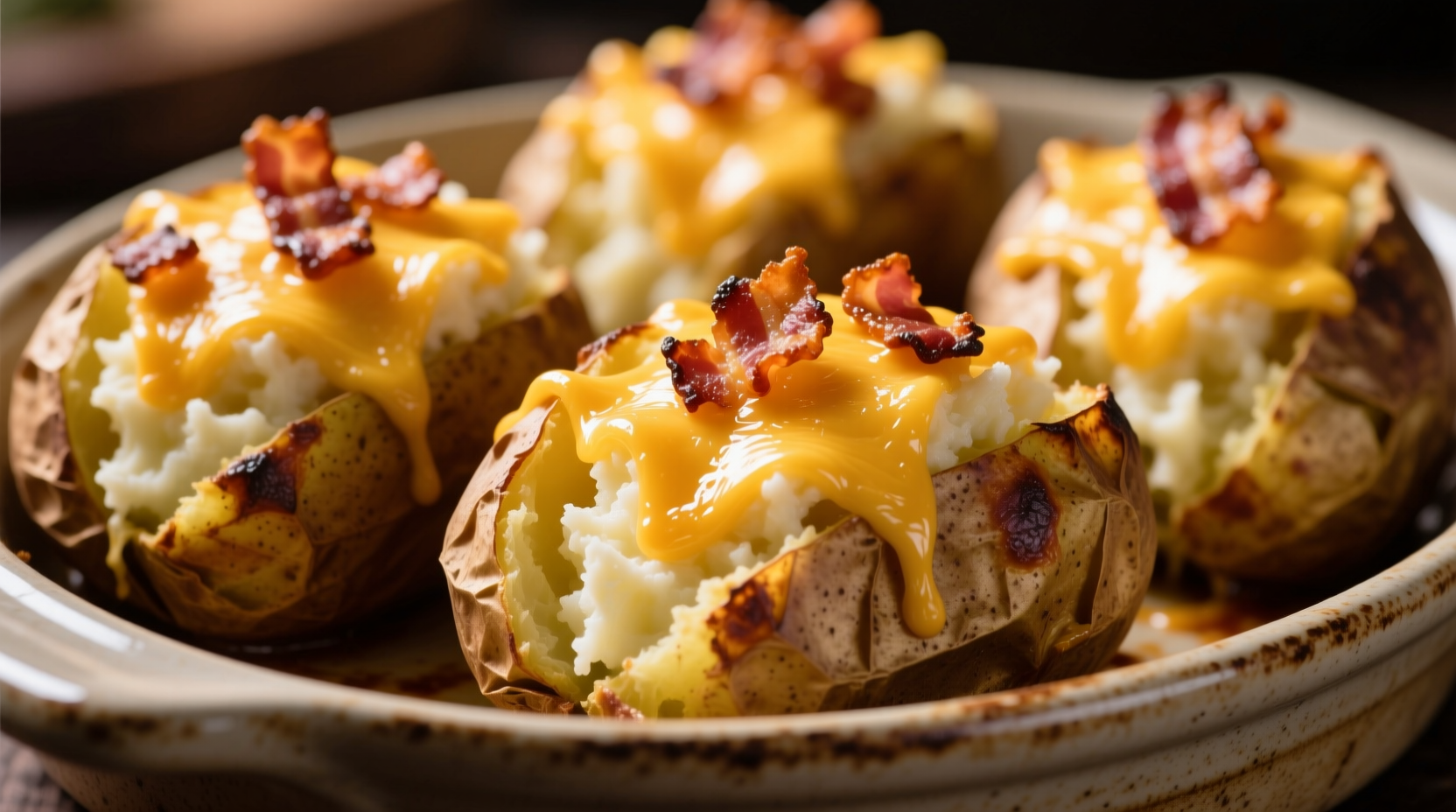 Golden twice baked potatoes with cheese and bacon topping