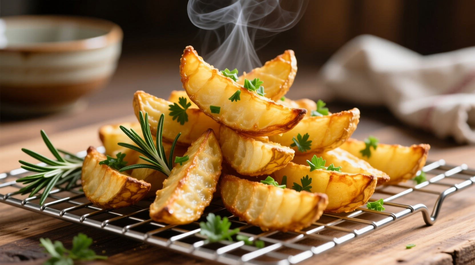Golden fried potato wedges on wire rack with herbs