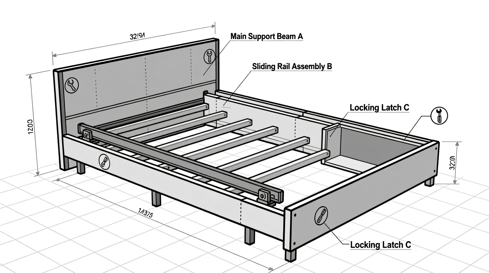 DIY hidden bed frame construction with labeled parts