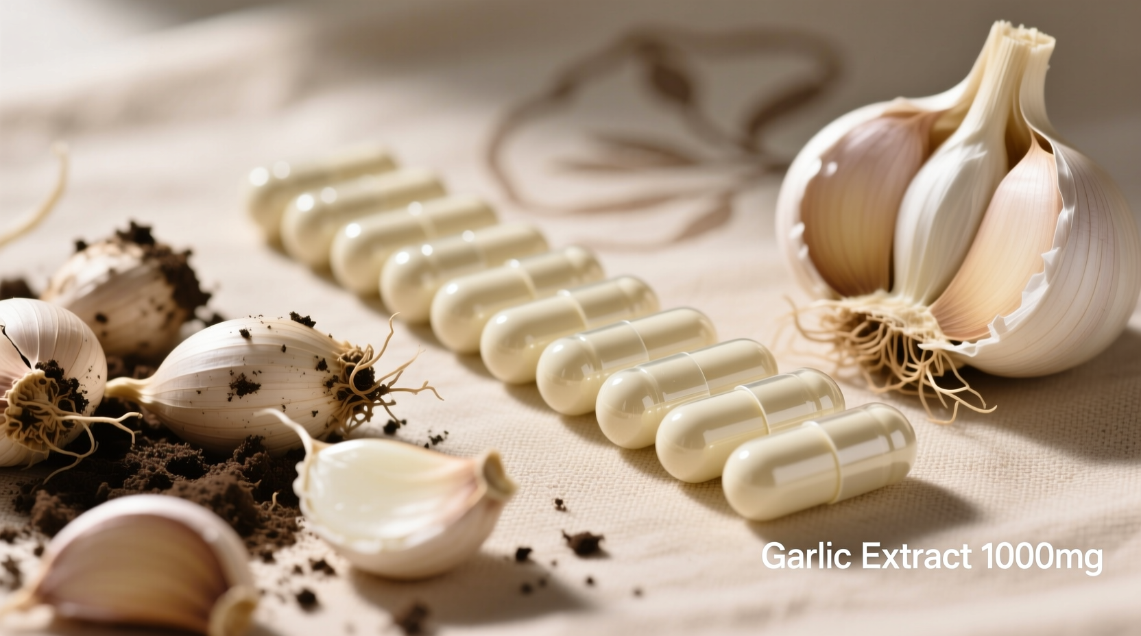 Garlic supplement capsules next to fresh garlic cloves
