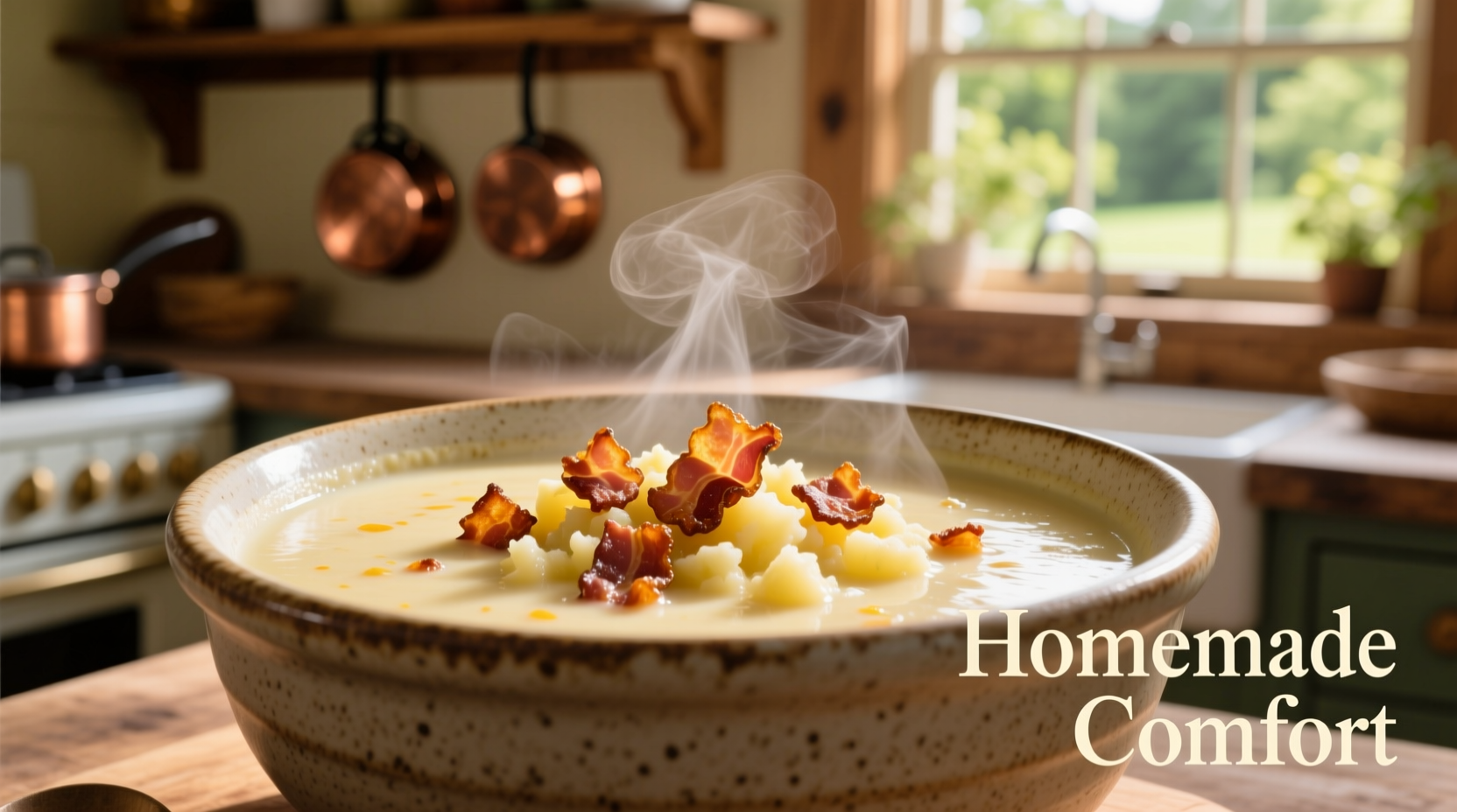 Creamy potato soup in bowl with bacon topping