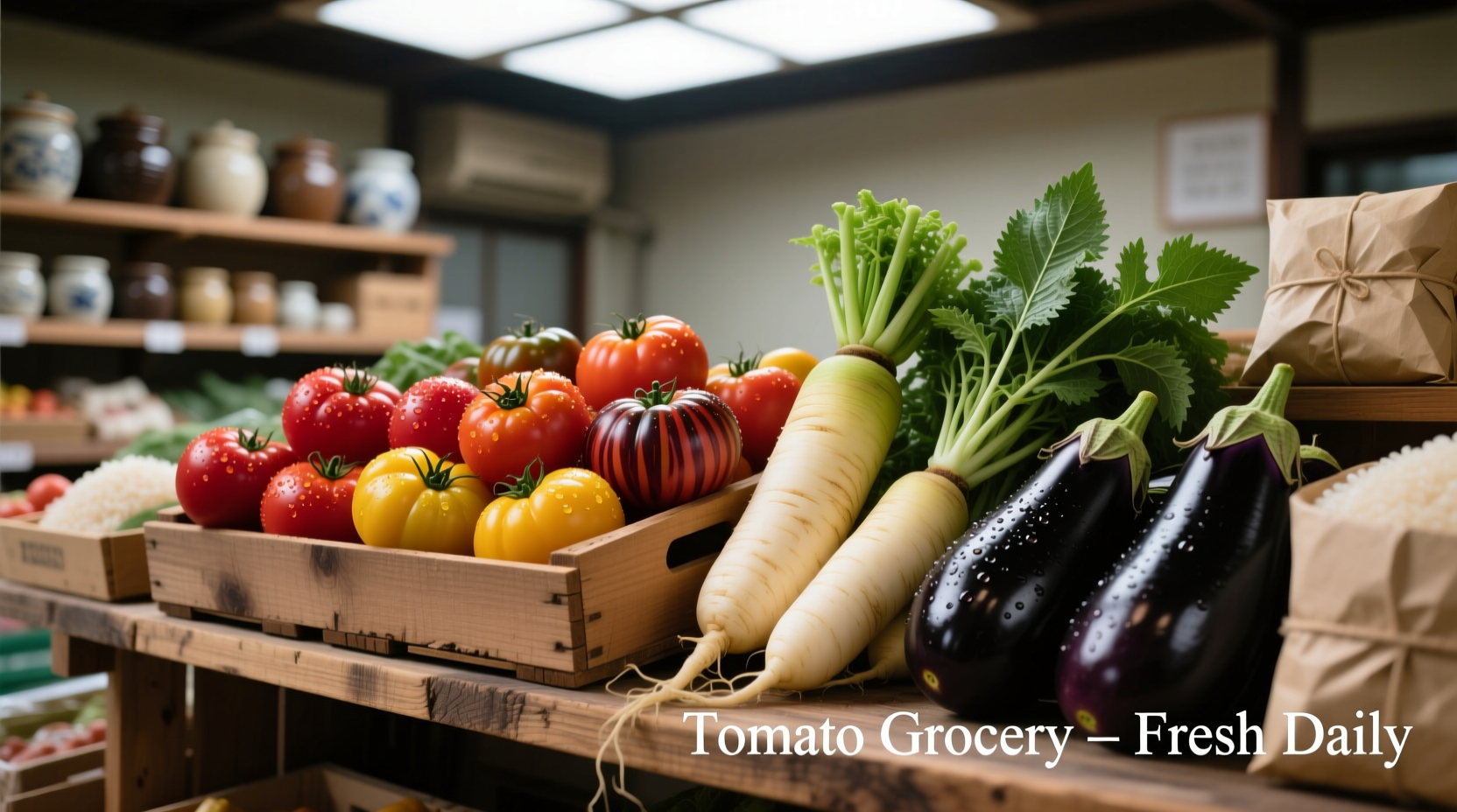 Fresh Japanese produce display at Tomato grocery