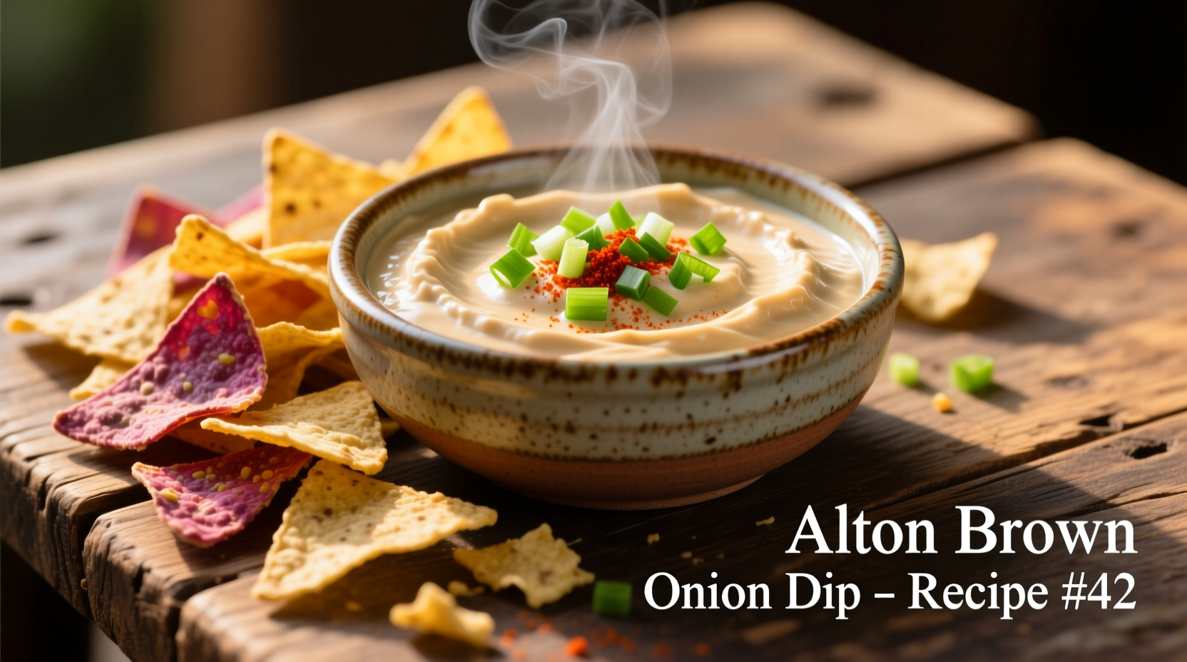 Alton Brown onion dip in ceramic bowl with chips