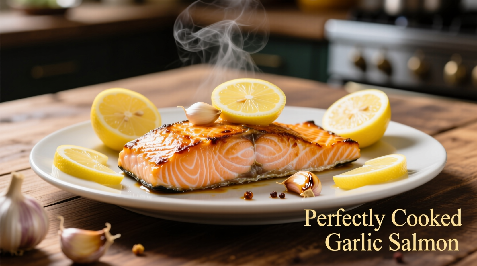Perfectly cooked garlic salmon with lemon slices
