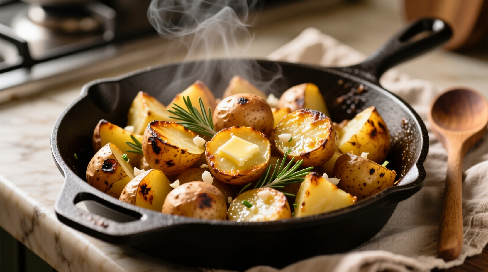 Golden brown skillet potatoes with crispy edges