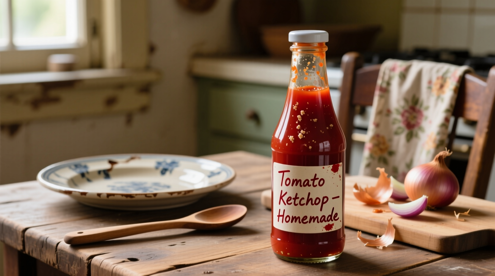 Homemade tomato ketchup in glass bottle