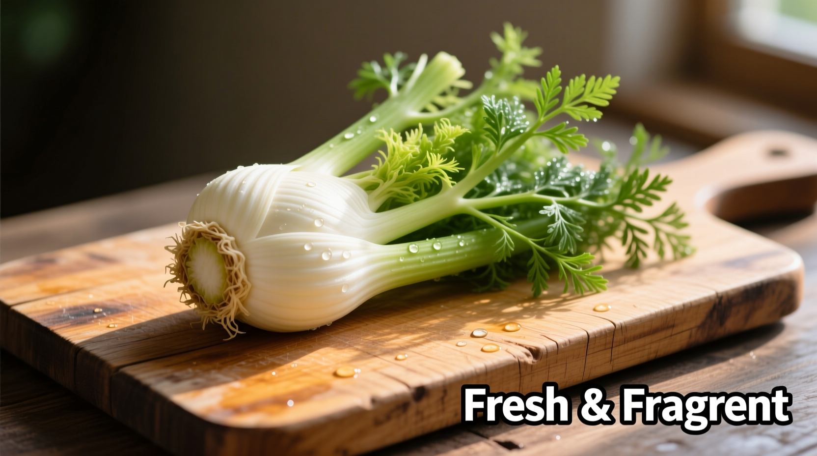 Fresh fennel bulb and fronds on wooden cutting board