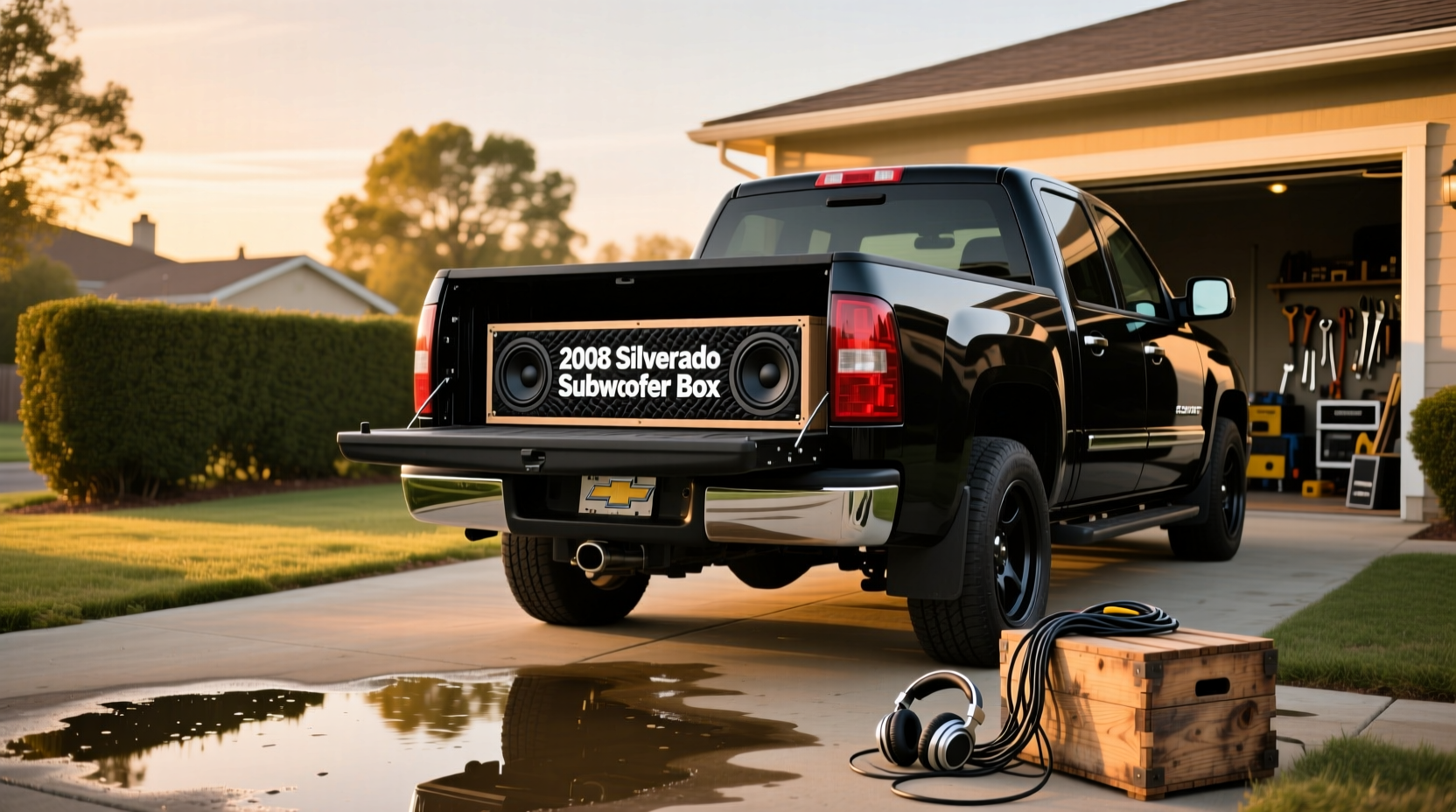 Custom-fit subwoofer box installed under rear seat of 2008 Silverado extended cab