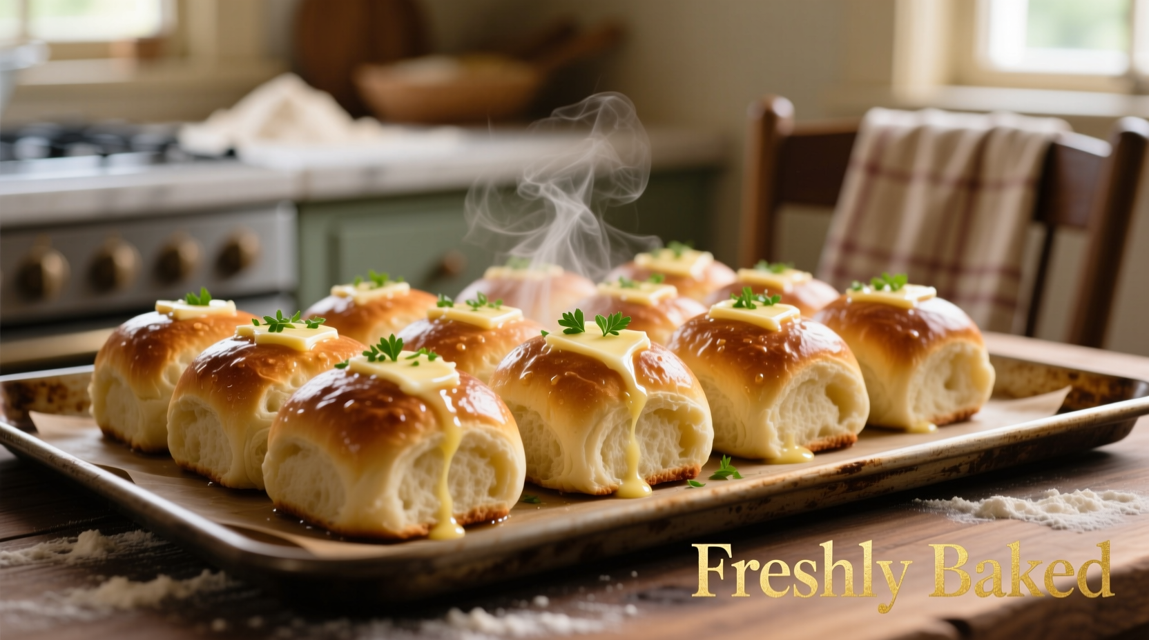Freshly baked garlic butter dinner rolls on a baking sheet