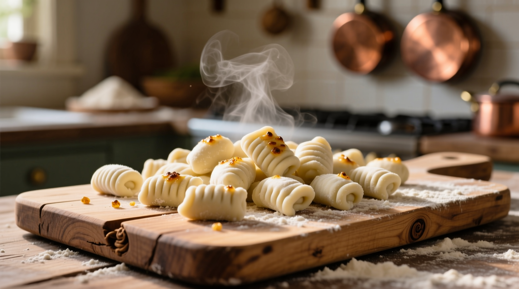 Homemade gnocchi resting on wooden board